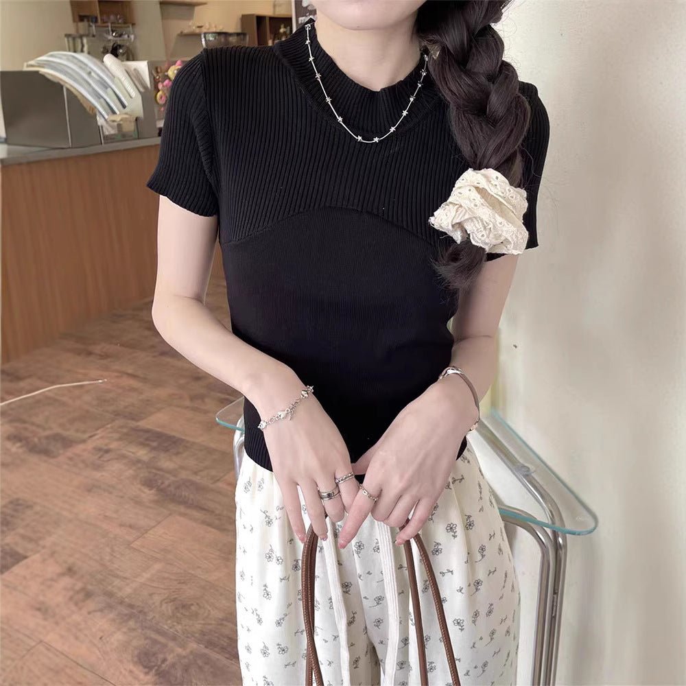 Cool silk knitted short - sleeved T-shirt women's summer 2025 new American style half - high collar slim fit T-shirt pullover top - Negative Apparel