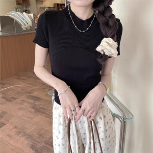 Cool silk knitted short - sleeved T-shirt women's summer 2025 new American style half - high collar slim fit T-shirt pullover top - Negative Apparel