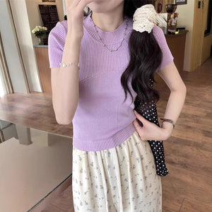 Cool silk knitted short - sleeved T-shirt women's summer 2025 new American style half - high collar slim fit T-shirt pullover top - Negative Apparel