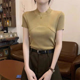 Cool silk knitted short - sleeved T-shirt women's summer 2025 new American style half - high collar slim fit T-shirt pullover top - Negative Apparel