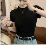 Cool silk knitted short - sleeved T-shirt women's summer 2025 new American style half - high collar slim fit T-shirt pullover top - Negative Apparel