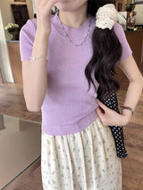 Cool silk knitted short - sleeved T-shirt women's summer 2025 new American style half - high collar slim fit T-shirt pullover top - Negative Apparel