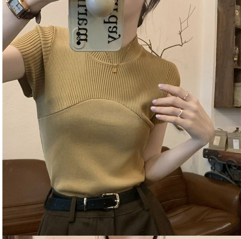 Cool silk knitted short - sleeved T-shirt women's summer 2025 new American style half - high collar slim fit T-shirt pullover top - Negative Apparel