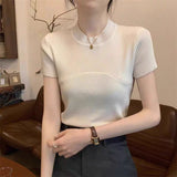 Cool silk knitted short - sleeved T-shirt women's summer 2025 new American style half - high collar slim fit T-shirt pullover top - Negative Apparel