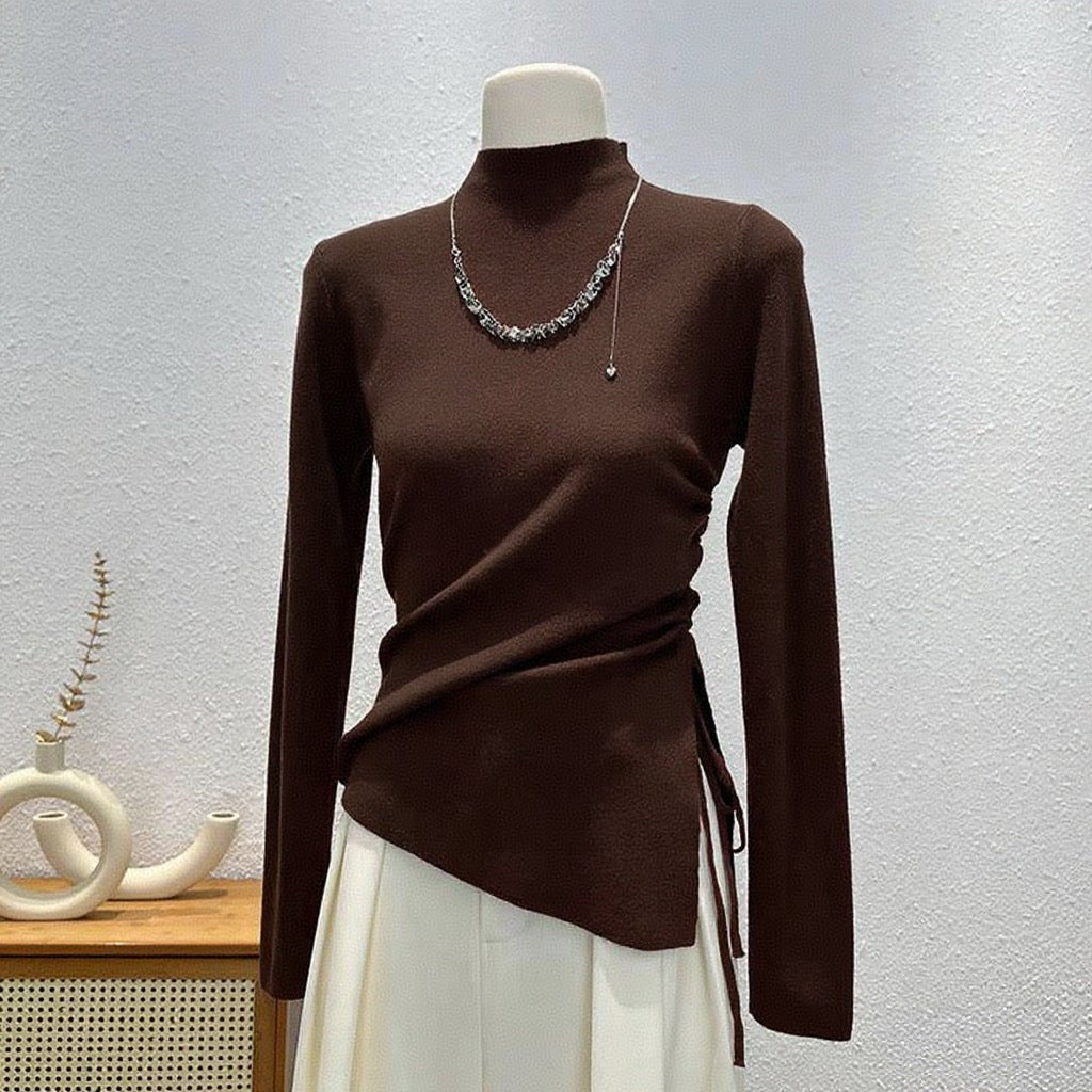 Core - spun yarn European semi - turtleneck long - sleeved knitted sweater women's autumn and winter slim - fitting and thin bottoming shirt, unique irregular top - Negative Apparel