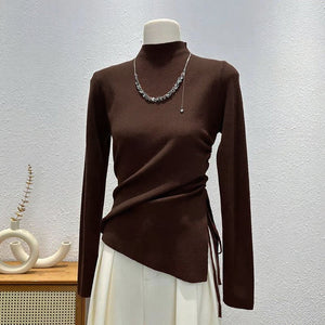 Core - spun yarn European semi - turtleneck long - sleeved knitted sweater women's autumn and winter slim - fitting and thin bottoming shirt, unique irregular top - Negative Apparel