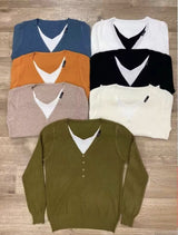 Core - spun yarn fake two - piece V - neck long - sleeved knitted sweater women's top autumn and winter new Korean version versatile sweater bottoming shirt - Negative Apparel