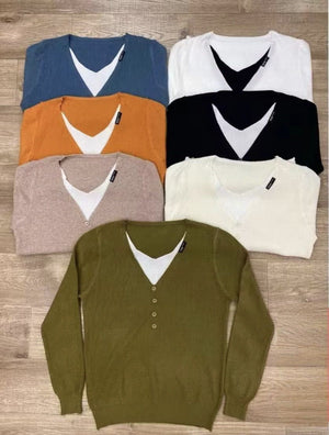 Core - spun yarn fake two - piece V - neck long - sleeved knitted sweater women's top autumn and winter new Korean version versatile sweater bottoming shirt - Negative Apparel