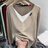 Core - spun yarn fake two - piece V - neck long - sleeved knitted sweater women's top autumn and winter new Korean version versatile sweater bottoming shirt - Negative Apparel