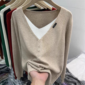 Core - spun yarn fake two - piece V - neck long - sleeved knitted sweater women's top autumn and winter new Korean version versatile sweater bottoming shirt - Negative Apparel