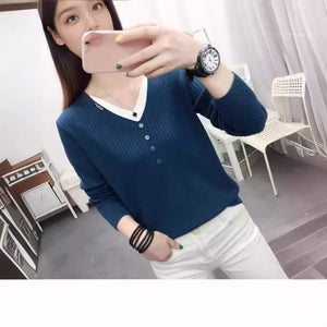 Core - spun yarn fake two - piece V - neck long - sleeved knitted sweater women's top autumn and winter new Korean version versatile sweater bottoming shirt - Negative Apparel