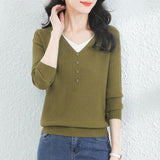 Core - spun yarn fake two - piece V - neck long - sleeved knitted sweater women's top autumn and winter new Korean version versatile sweater bottoming shirt - Negative Apparel