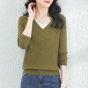 Core - spun yarn fake two - piece V - neck long - sleeved knitted sweater women's top autumn and winter new Korean version versatile sweater bottoming shirt - Negative Apparel