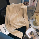 Core - spun yarn gentle wind hollow POLO neck knitted cardigan women's spring and autumn new design sense niche long - sleeved sweater women - Negative Apparel