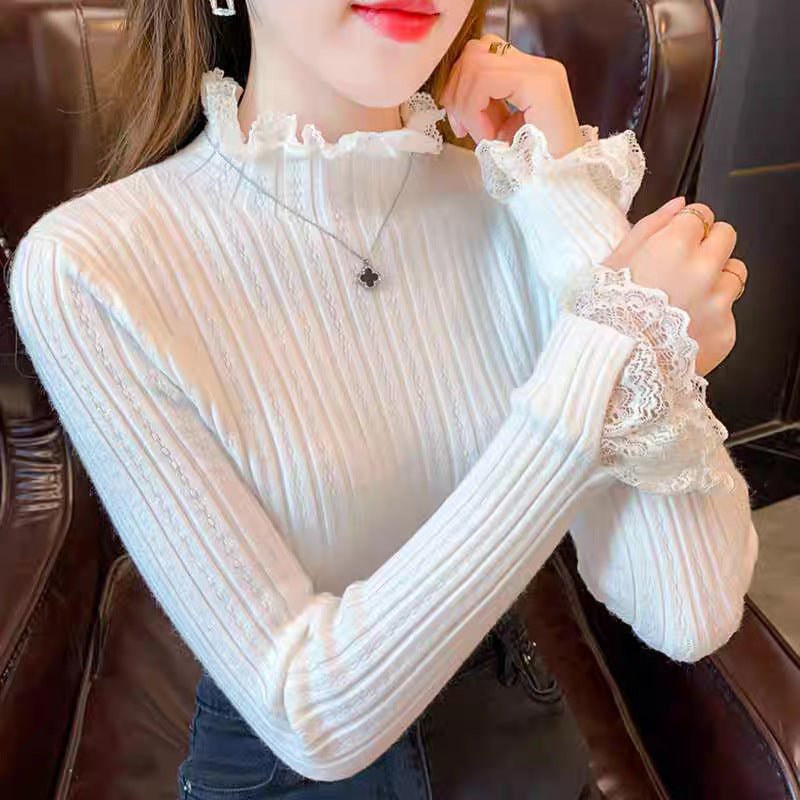 Core - spun yarn lace edge semi - turtleneck sweater bottoming shirt women's autumn and winter new inner slim - fitting long - sleeved knitted sweater top - Negative Apparel