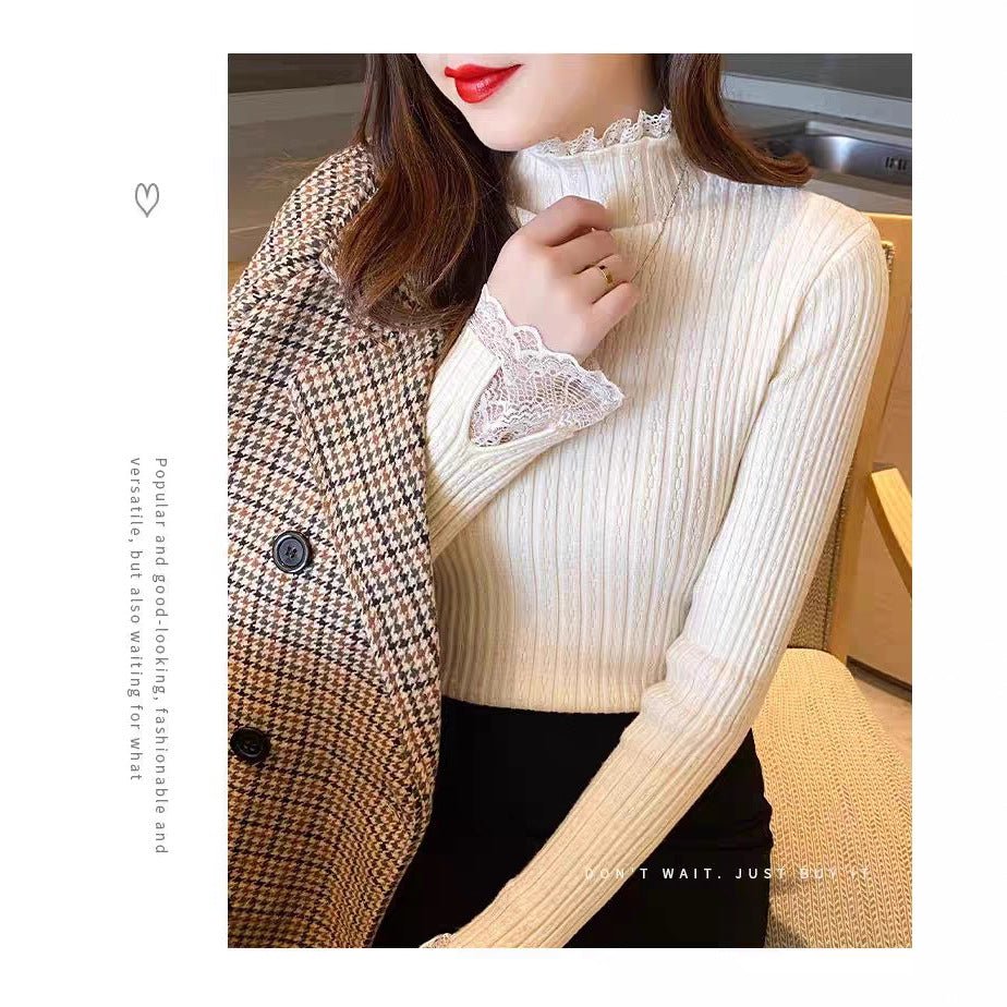Core - spun yarn lace edge semi - turtleneck sweater bottoming shirt women's autumn and winter new inner slim - fitting long - sleeved knitted sweater top - Negative Apparel