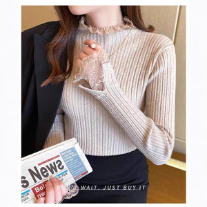 Core - spun yarn lace edge semi - turtleneck sweater bottoming shirt women's autumn and winter new inner slim - fitting long - sleeved knitted sweater top - Negative Apparel