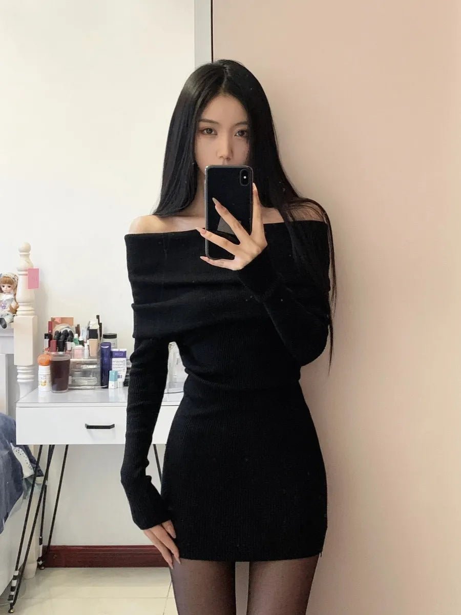 Core - spun yarn, one - word shoulder design, waist - closed and thin dress, children's autumn and winter new long - sleeved knitted hip - wrapped skirt, inner fit - Negative Apparel