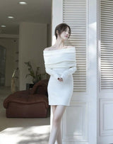 Core - spun yarn, one - word shoulder design, waist - closed and thin dress, children's autumn and winter new long - sleeved knitted hip - wrapped skirt, inner fit - Negative Apparel