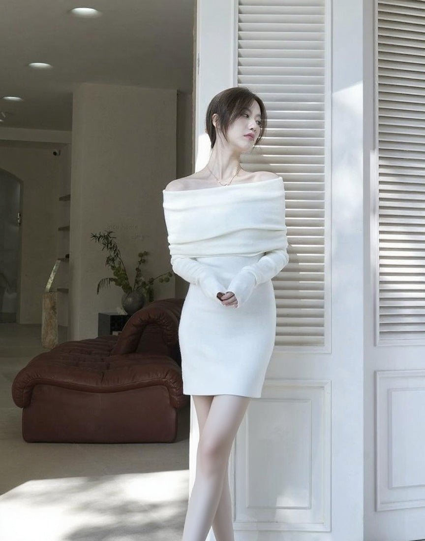 Core - spun yarn, one - word shoulder design, waist - closed and thin dress, children's autumn and winter new long - sleeved knitted hip - wrapped skirt, inner fit - Negative Apparel