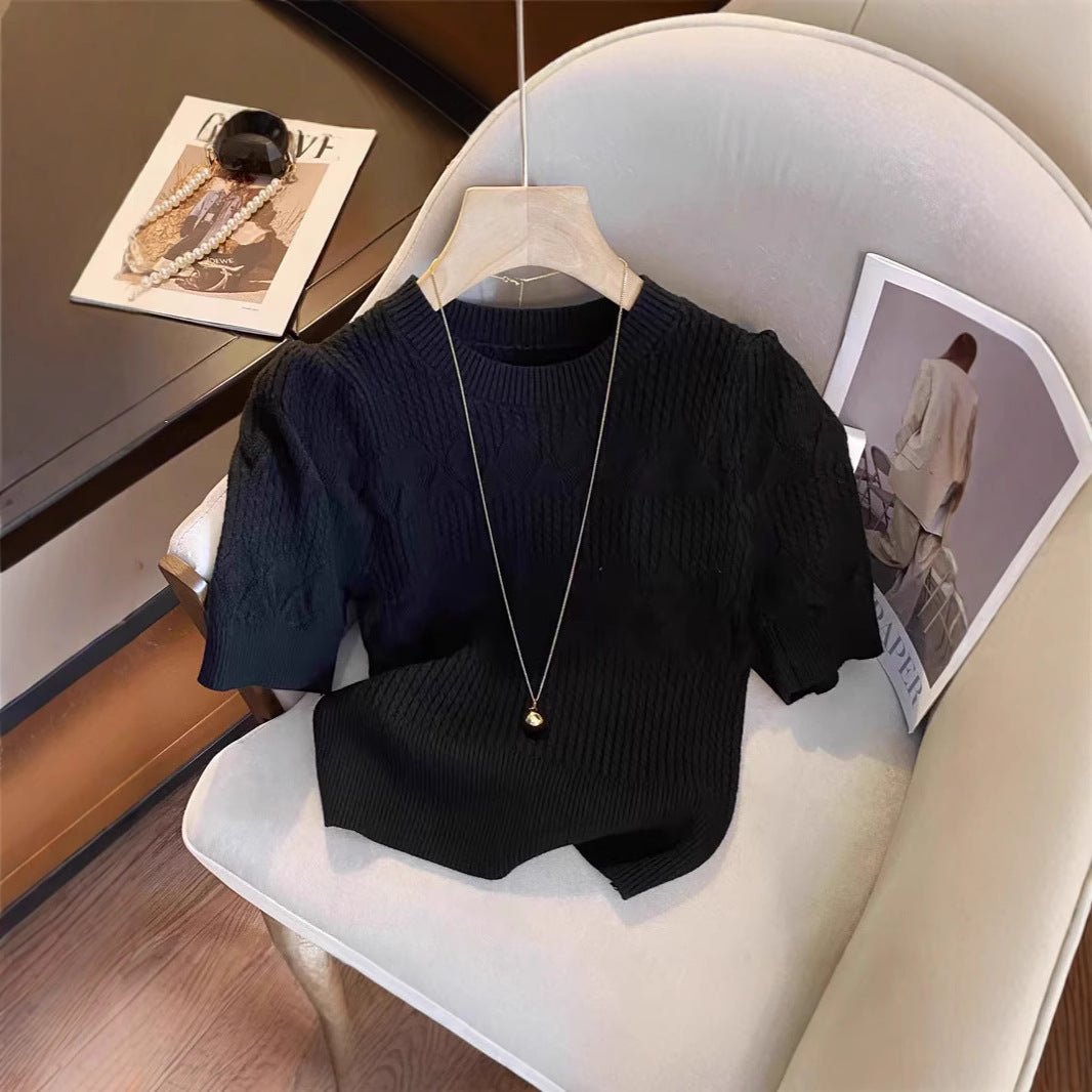Core - spun yarn pit - striped rhombus short - sleeved crew neck knitted sweater T-shirt women's 2025 spring new sweet top bottoming shirt - Negative Apparel