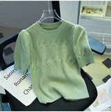 Core - spun yarn pit - striped rhombus short - sleeved crew neck knitted sweater T-shirt women's 2025 spring new sweet top bottoming shirt - Negative Apparel