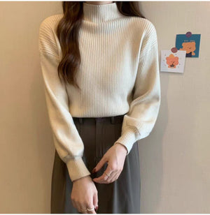 Core - spun yarn semi - turtleneck knitted bottoming shirt for women's autumn and winter high - end mid - neck top with front shoulder soft waxy sweater for women - Negative Apparel