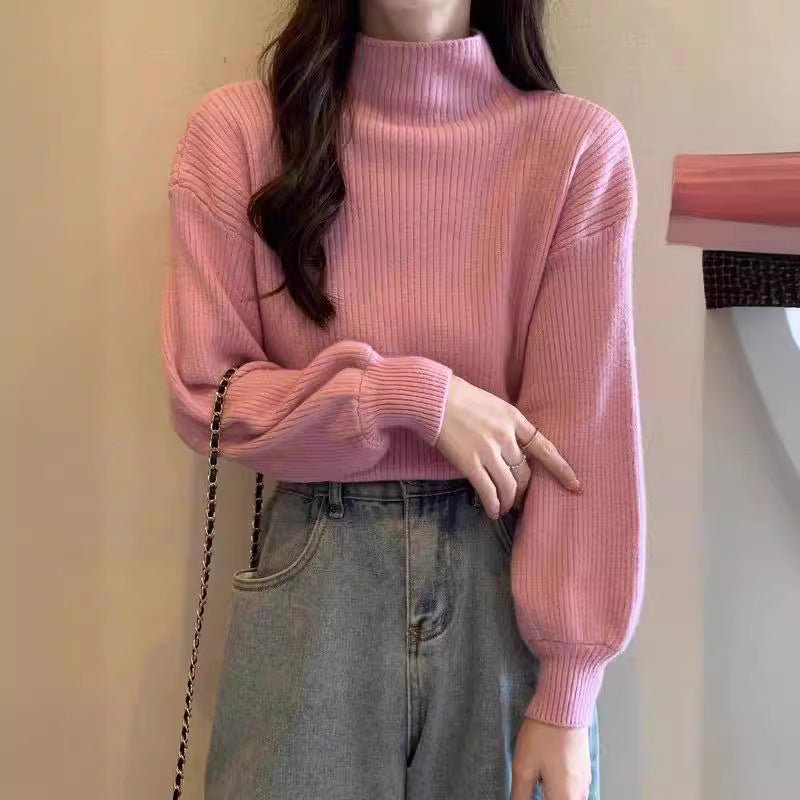 Core - spun yarn semi - turtleneck knitted bottoming shirt for women's autumn and winter high - end mid - neck top with front shoulder soft waxy sweater for women - Negative Apparel