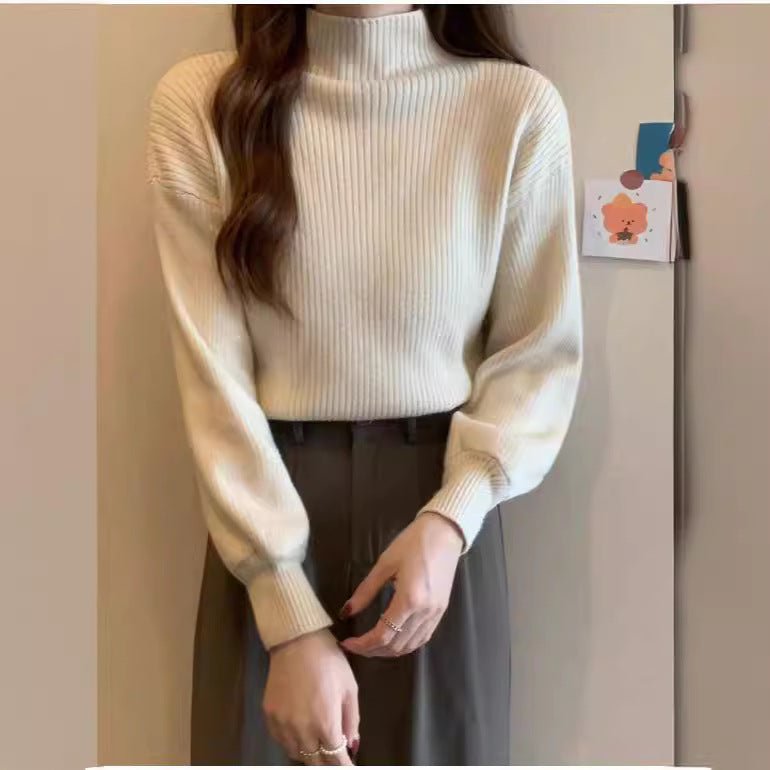 Core - spun yarn semi - turtleneck knitted bottoming shirt for women's autumn and winter high - end mid - neck top with front shoulder soft waxy sweater for women - Negative Apparel