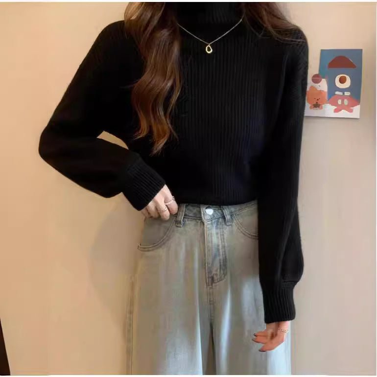 Core - spun yarn semi - turtleneck knitted bottoming shirt for women's autumn and winter high - end mid - neck top with front shoulder soft waxy sweater for women - Negative Apparel