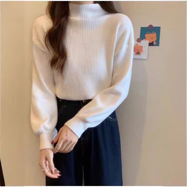 Core - spun yarn semi - turtleneck knitted bottoming shirt for women's autumn and winter high - end mid - neck top with front shoulder soft waxy sweater for women - Negative Apparel