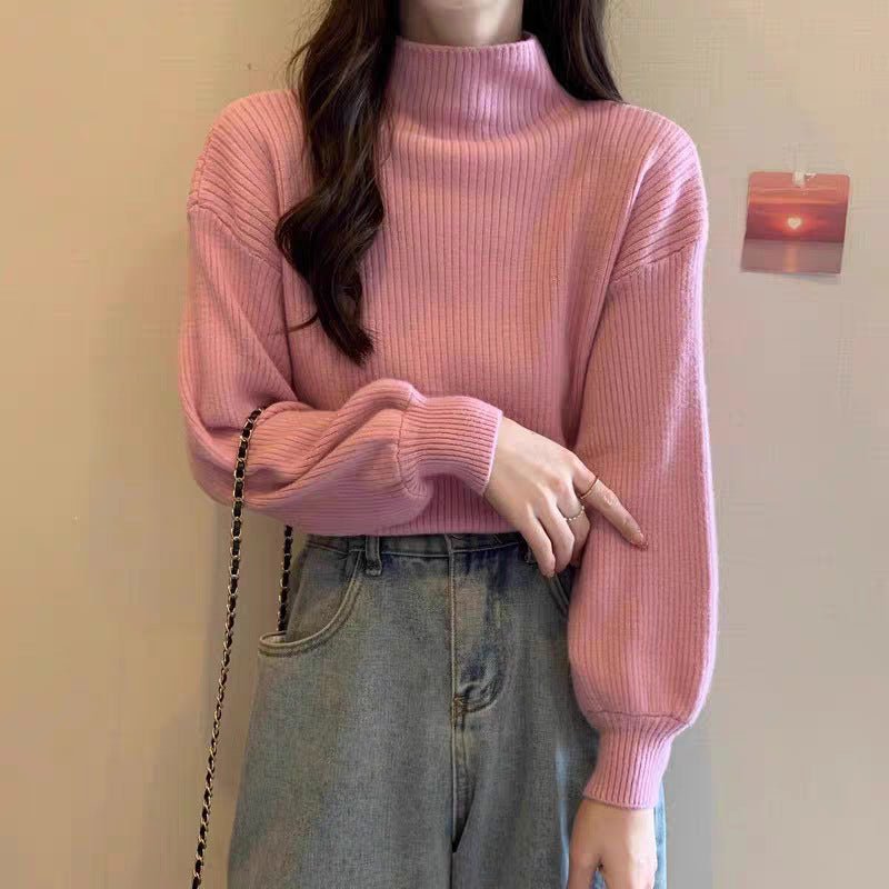 Core - spun yarn semi - turtleneck knitted bottoming shirt for women's autumn and winter high - end mid - neck top with front shoulder soft waxy sweater for women - Negative Apparel