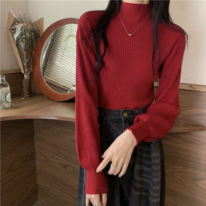 Core - spun yarn semi - turtleneck knitted bottoming shirt for women's autumn and winter high - end mid - neck top with front shoulder soft waxy sweater for women - Negative Apparel