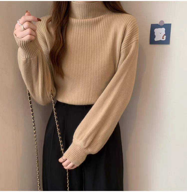 Core - spun yarn semi - turtleneck knitted bottoming shirt for women's autumn and winter high - end mid - neck top with front shoulder soft waxy sweater for women - Negative Apparel