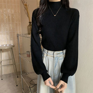 Core - spun yarn semi - turtleneck knitted bottoming shirt for women's autumn and winter high - end mid - neck top with front shoulder soft waxy sweater for women - Negative Apparel