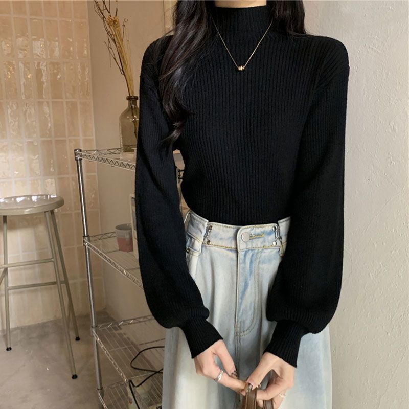 Core - spun yarn semi - turtleneck knitted bottoming shirt for women's autumn and winter high - end mid - neck top with front shoulder soft waxy sweater for women - Negative Apparel