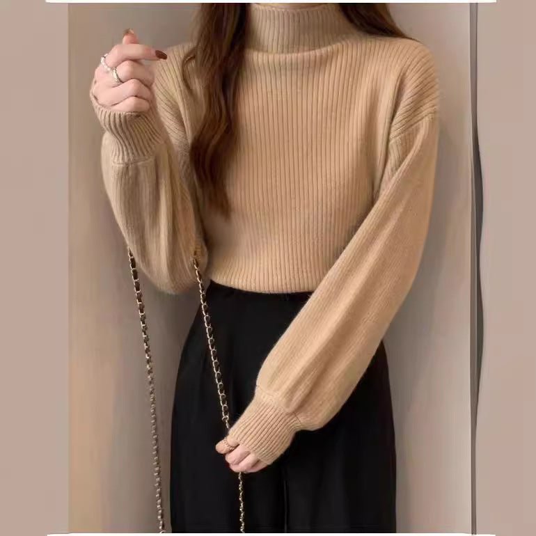 Core - spun yarn semi - turtleneck knitted bottoming shirt for women's autumn and winter high - end mid - neck top with front shoulder soft waxy sweater for women - Negative Apparel