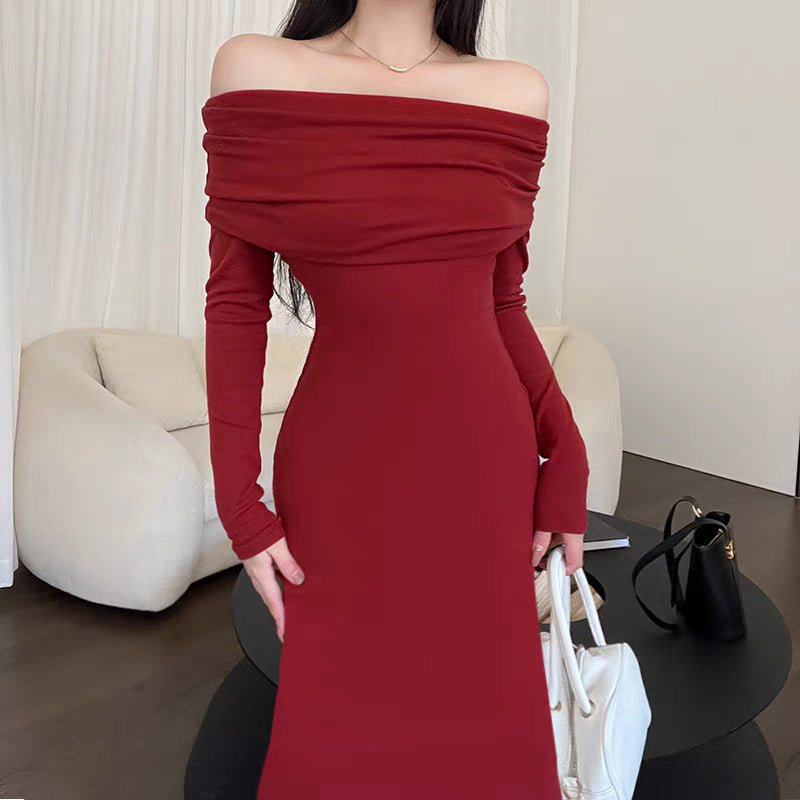 Core - spun yarn sexy gray one - word shoulder knitted dress women's early autumn trench coat with light French style hip - wrapped dress - Negative Apparel