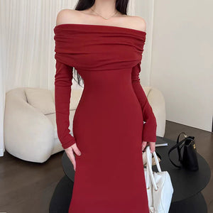 Core - spun yarn sexy gray one - word shoulder knitted dress women's early autumn trench coat with light French style hip - wrapped dress - Negative Apparel