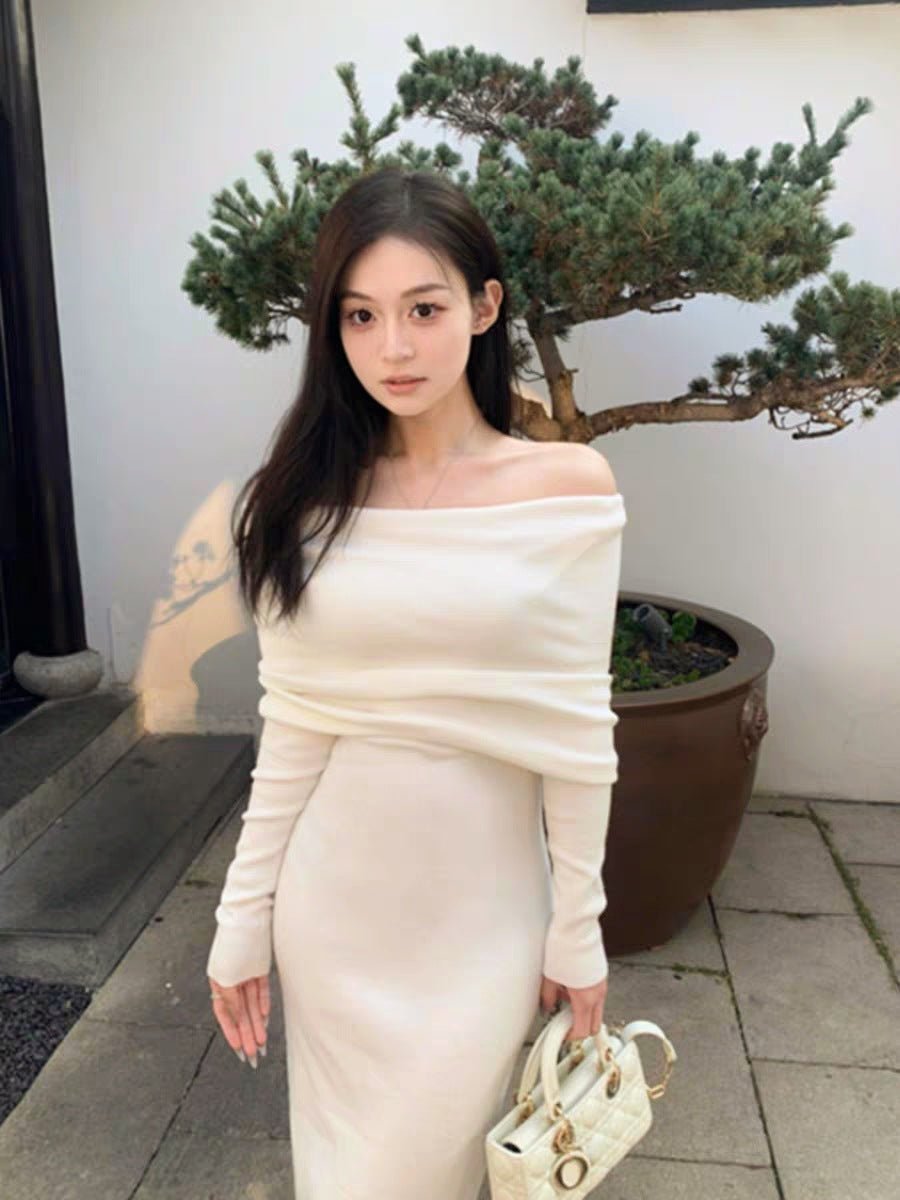 Core - spun yarn sexy gray one - word shoulder knitted dress women's early autumn trench coat with light French style hip - wrapped dress - Negative Apparel