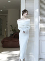 Core - spun yarn sexy gray one - word shoulder knitted dress women's early autumn trench coat with light French style hip - wrapped dress - Negative Apparel