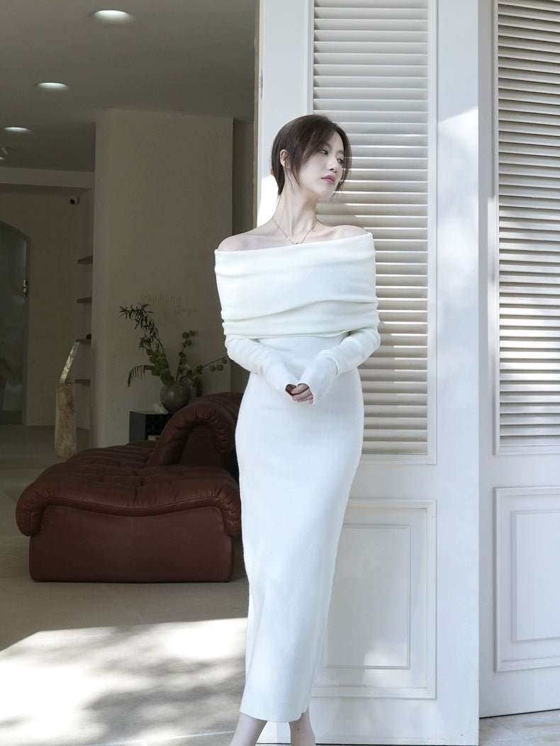 Core - spun yarn sexy gray one - word shoulder knitted dress women's early autumn trench coat with light French style hip - wrapped dress - Negative Apparel