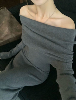 Core - spun yarn sexy gray one - word shoulder knitted dress women's early autumn trench coat with light French style hip - wrapped dress - Negative Apparel