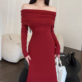 Core - spun yarn sexy gray one - word shoulder knitted dress women's early autumn trench coat with light French style hip - wrapped dress - Negative Apparel
