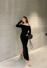 Core - spun yarn sexy gray one - word shoulder knitted dress women's early autumn trench coat with light French style hip - wrapped dress - Negative Apparel