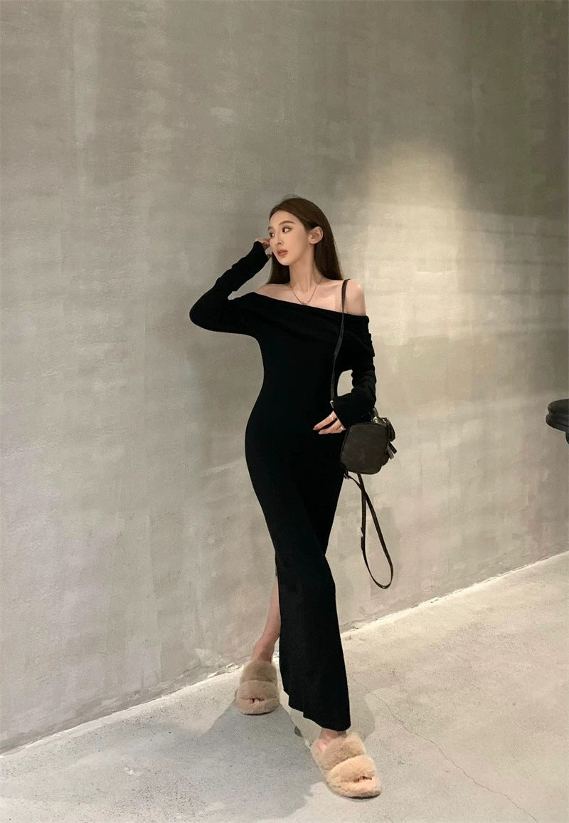 Core - spun yarn sexy gray one - word shoulder knitted dress women's early autumn trench coat with light French style hip - wrapped dress - Negative Apparel