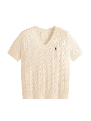 Core - spun yarn short - sleeved sweater women's spring and summer new V - neck pullover embroidered twist knitted T-shirt casual versatile top tide - Negative Apparel