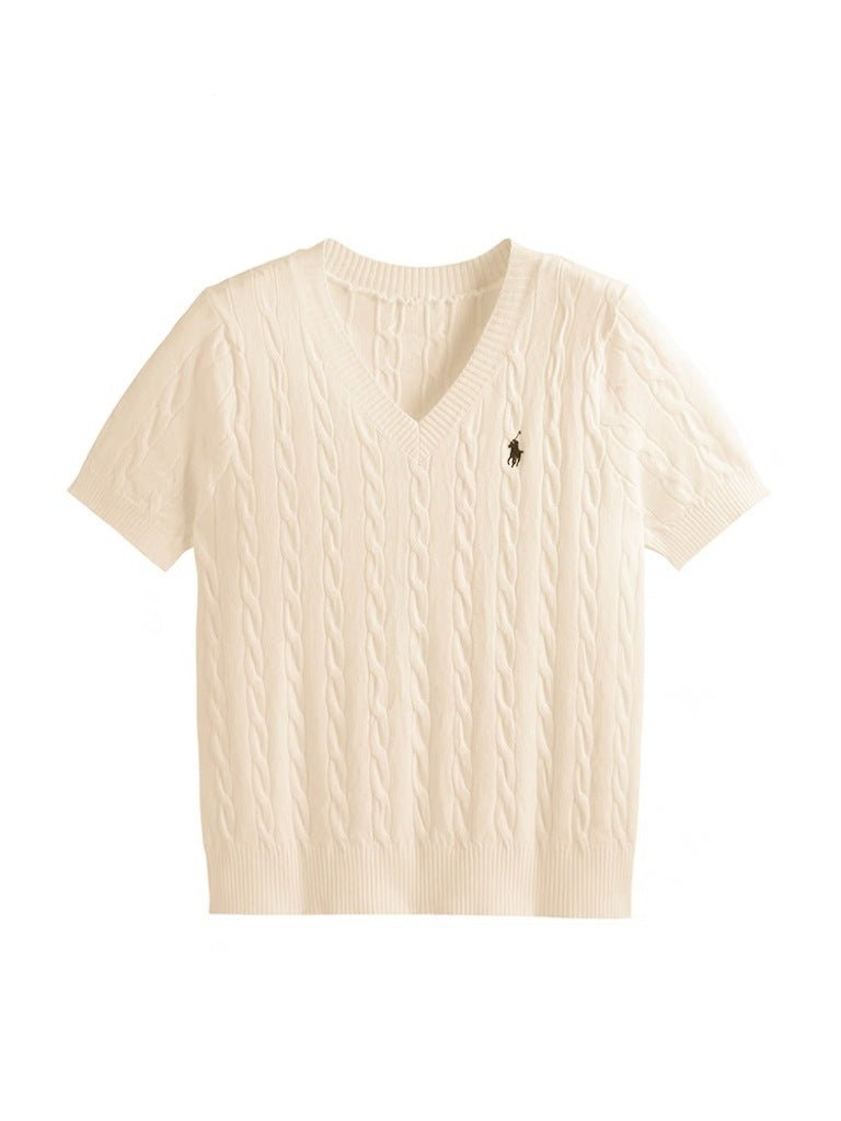 Core - spun yarn short - sleeved sweater women's spring and summer new V - neck pullover embroidered twist knitted T-shirt casual versatile top tide - Negative Apparel