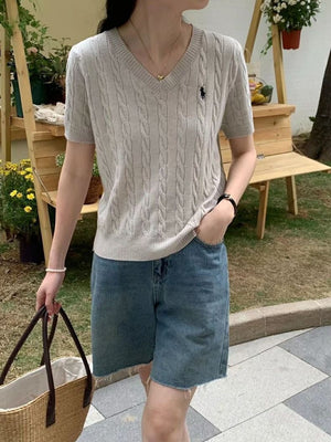 Core - spun yarn short - sleeved sweater women's spring and summer new V - neck pullover embroidered twist knitted T-shirt casual versatile top tide - Negative Apparel