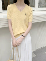 Core - spun yarn short - sleeved sweater women's spring and summer new V - neck pullover embroidered twist knitted T-shirt casual versatile top tide - Negative Apparel